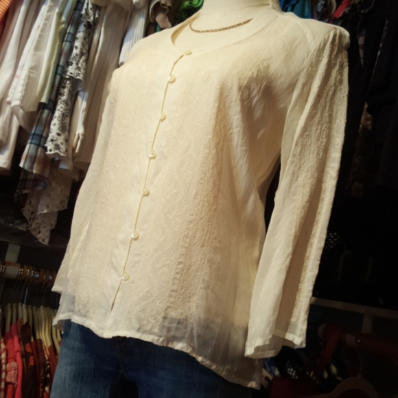 J.JILL ♡ Vintage Elegant Sheer Ivory Intricate Detailed Embroidery Blouse XS - Picture 8 of 17